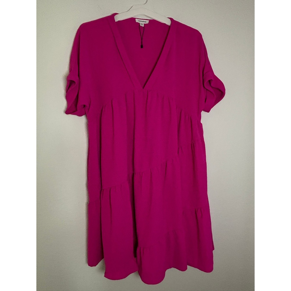 Mittoshop Magenta Pink Tiered Babydoll Dress V-Neck‎ Short Sleeve Ruffle Mini S